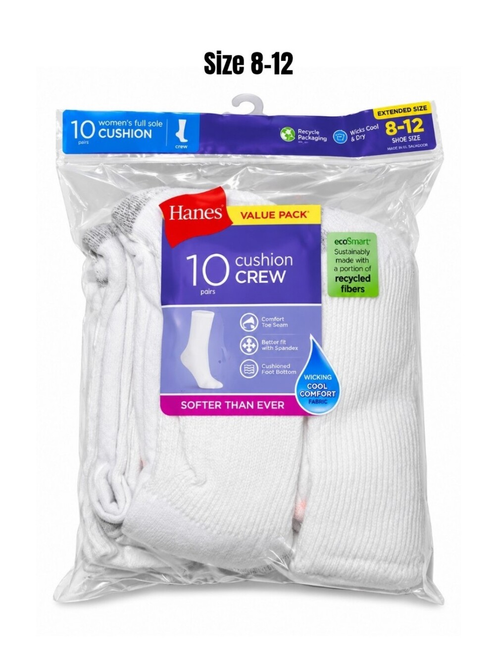 Hanes Women's White Cushion Crew Socks 10 Pairs Fits Shoe Sizes 8-12 NEW